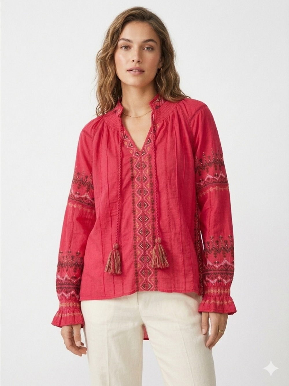 Sundance Peasant Blouse Embroidered Smocked Tassels Cotton Red M
